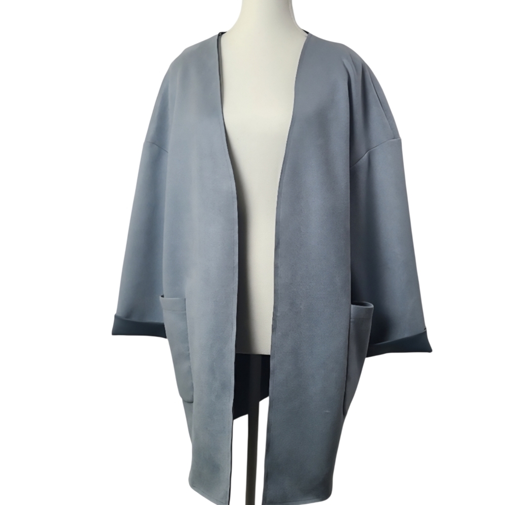 Zara Basic Blue Faux Suede Open Oversized Raw Trim Jacket Womens 23” PTP